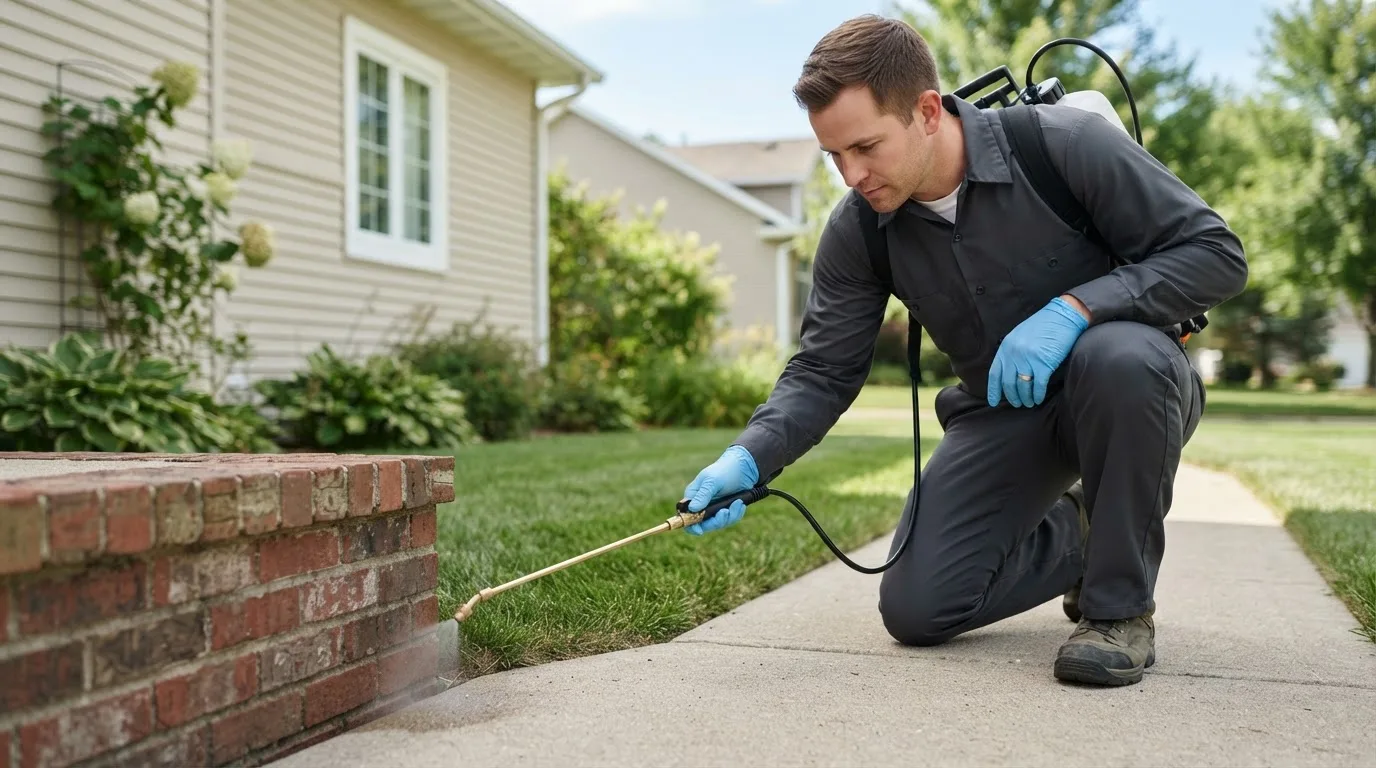 Pest control technician treating a home near Worthington, MN